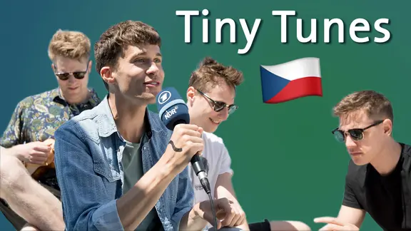 Ein Mann mit Mikrofon singt, dahinter drei Männer, wovon einer eine Ukulele spielt.