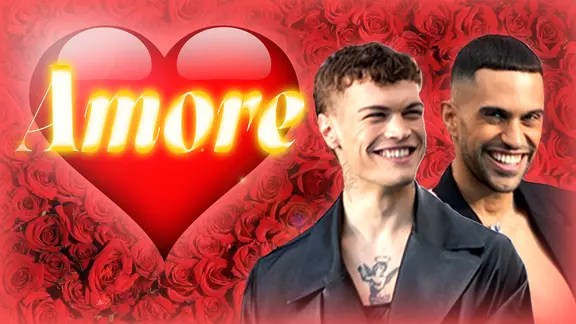 Blanco und Mahmood aus Italien mit dem Schriftzug "Amore" auf einem Herz.