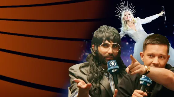 Concita Wurst und Nico Santos im Set von "Alles Eurovision" in Hürth zusammen mit Kate Miller-Heidke aus Australien