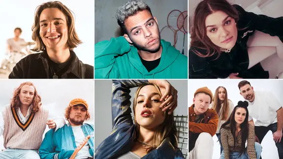 Malik Harris, Felicia Lu, eros atomus, Nico Suave & Team Liebe, Emily Roberts und Maël & Jonas sind die Kandidaten im ESC-Vorentscheids 2022 (Montage)