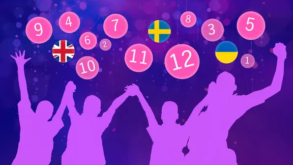 Grafische Kreise, Zahlen und Silhouetten von Menschen, die die Arme in die Höhe strecken (Montage).