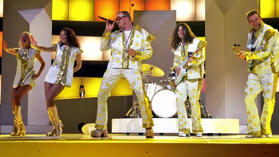 Stefan Raab und seine Band bei der Probe in Stockholm