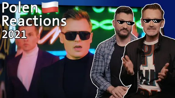 Der polnische Sänger Rafał zusammen mit Irving Wolther und Thomas Mohr, die Sonnenbrille tragen.