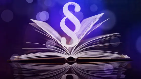 Paragrafenzeichen erhebt sich über ein aufgeschlagenem Buch.