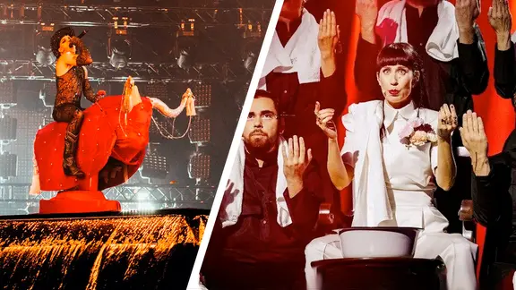 Achille Lauro auf einem roten Bullen und Konstrakta aus Serbien.