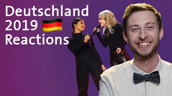 Das Gesangs-Duo S!isters neben dem Schriftzug "Deutschland 2019 Reactions".